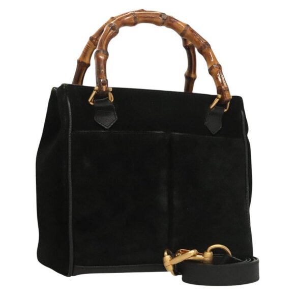 GUCCI Bamboo Hand Bag Suede 2way Black Gold Auth - Picture 1 of 16